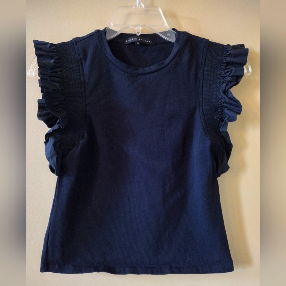 English Factory Mix Media Black Ruffle Sleeve T-Shirt Size XSmall - Picture 3 of 6